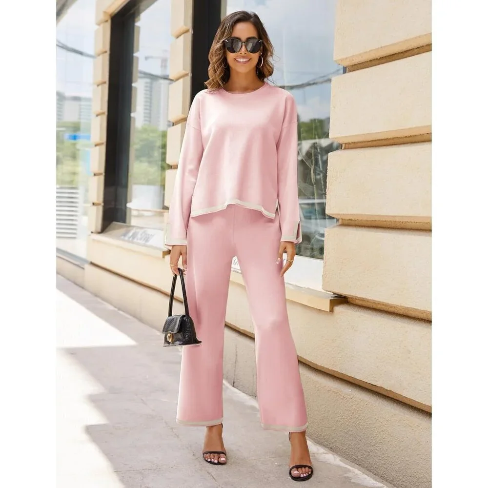 Women's Pink Long Sleeve Knit Sweater Top & Wide Leg Pants Lounge Set